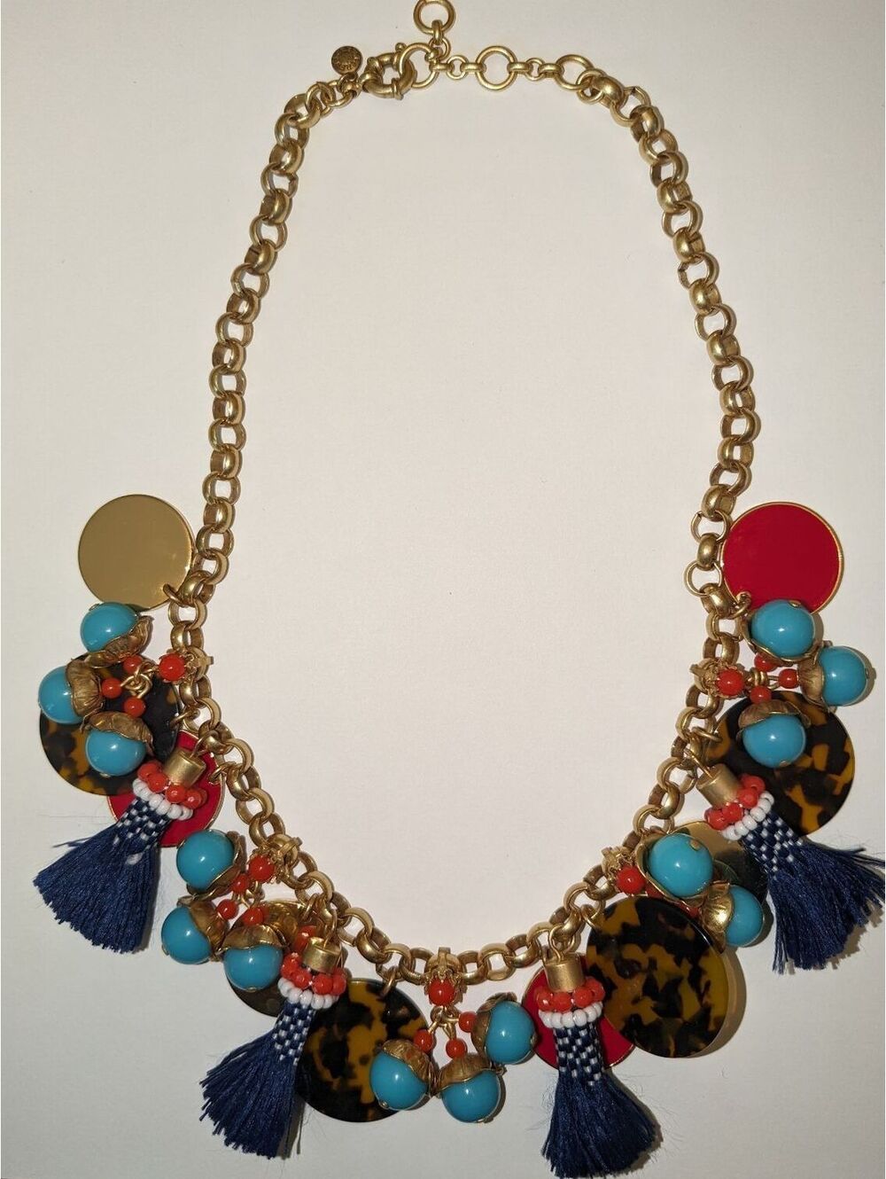 J. Crew Gold necklace, tortoise discs turquoise beads, navy tassels